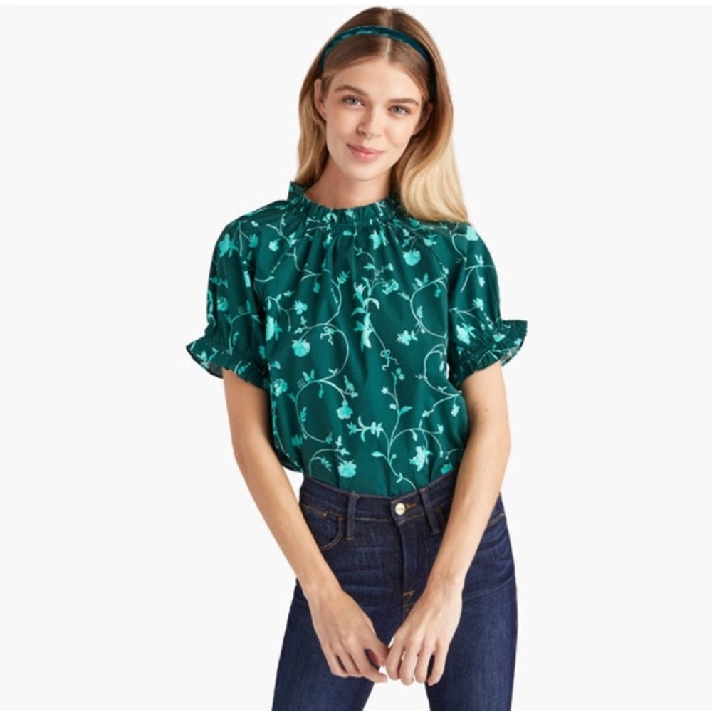 Hill House Teal Floral Blouse with Ruffle Sleeves